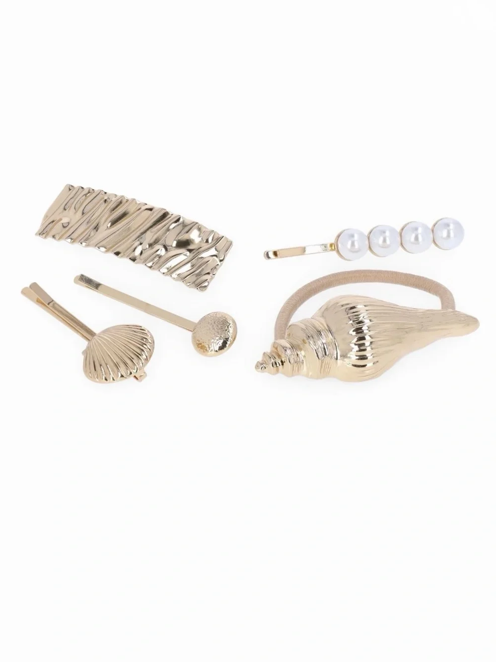 Gold Shell & Pearl Hair Clips and Hair Cuff Set, 5-Piece